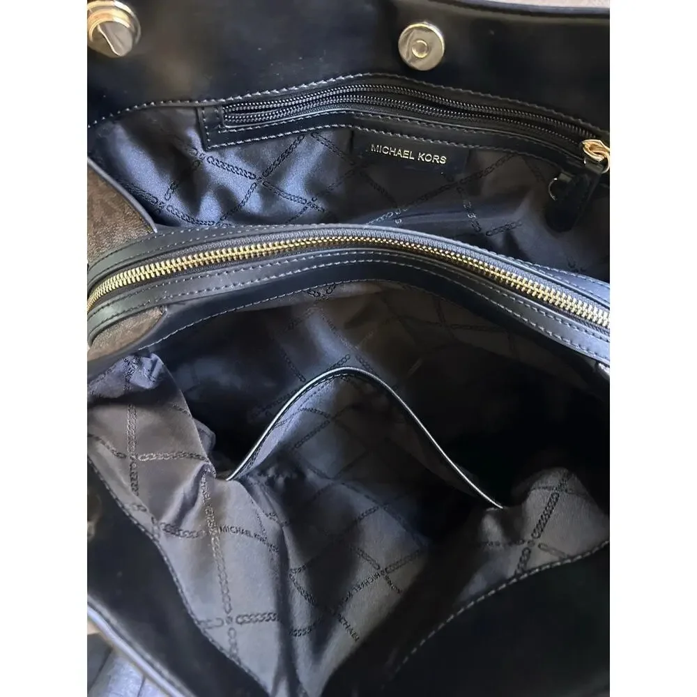 Michael Kors Jet Set Large Chain Tote Brown MK Monogram PVC Leather Trim Bag EUC